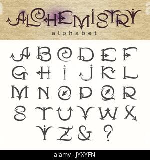 Hand drawn alphabet in medieval alchemy style. Vector illustration Stock Vector