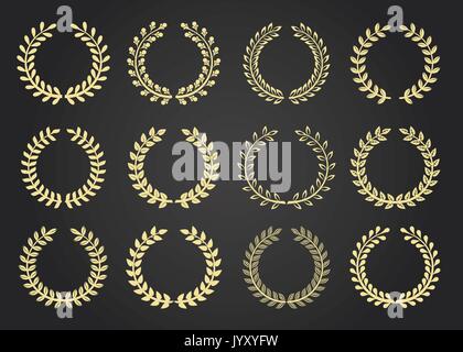 Twelve gold award wreaths isolated on black. Vector illustration Stock Vector