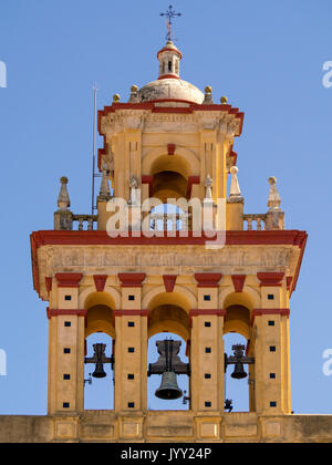 CORDOBA, SPAIN - MARCH 12, 2016:  Ornate bell tower on the baroque San Agustin Church in Plaza de San Agustín