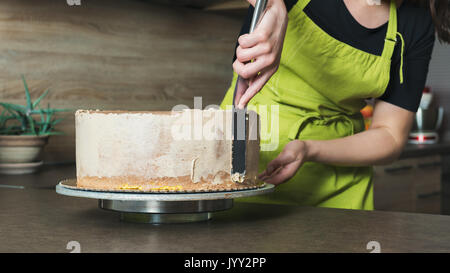 Unrecognisable woman decorating a delicious layered sponge cake with chocolate icing cream Stock Photo
