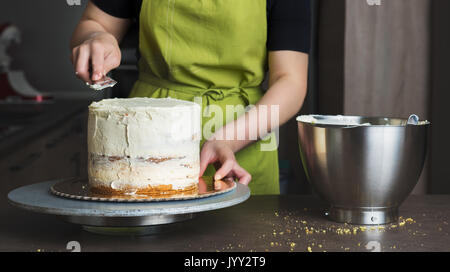 Unrecognisable woman decorating a delicious layered sponge cake with icing cream Stock Photo