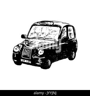 London classic black taxi cab, isolated, drawn vector sketch illustration. side view. Retro hackney carriage Stock Vector