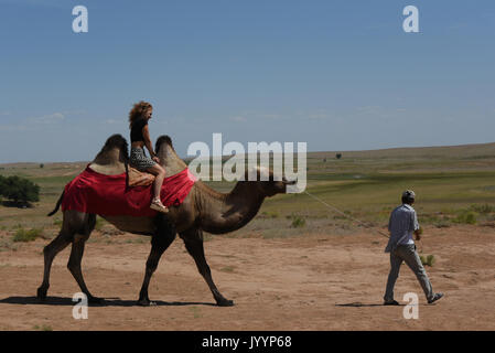 Bactrian camel riding for tourists in Astrakhan desert, Russia Stock Photo