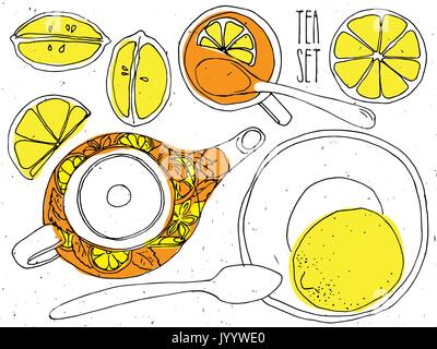 Tea hand draw set - teapot, cup and spoon with lemons, limes. Isolated collection on white background Stock Vector