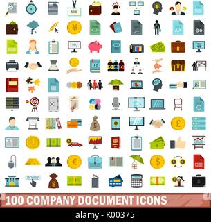 100 company document icons set, flat style Stock Vector