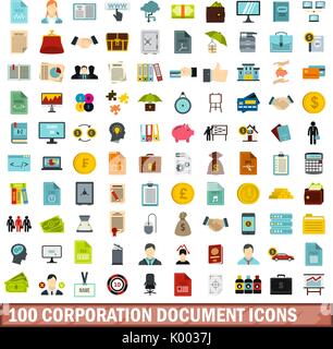 100 corporation document icons set, flat style Stock Vector