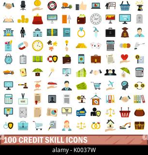 100 credit skill icons set, flat style Stock Vector