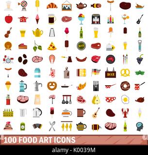 100 food art icons set, flat style Stock Vector