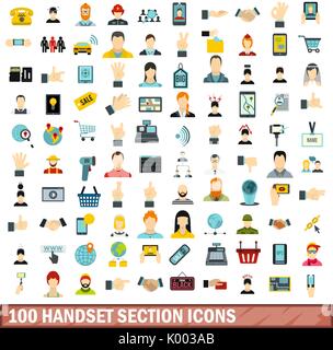 100 handset section icons set, flat style Stock Vector