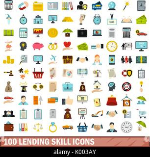 100 lending skill icons set, flat style Stock Vector