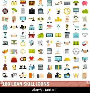 100 loan skill icons set, flat style Stock Vector