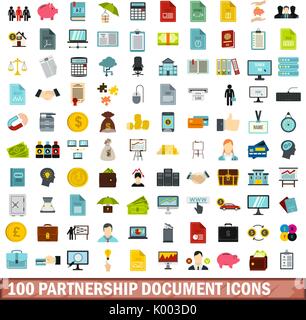 100 partnership document icons set, flat style Stock Vector