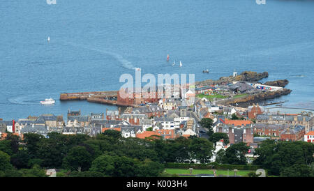 North Berwick harbour, Seabird Centre and Craigleith Island viewed from North Berwick Law Stock Photo