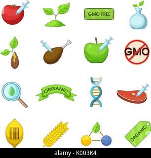 GMO goods icons set, cartoon style Stock Vector