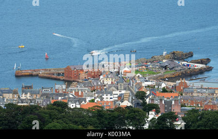 North Berwick harbour, Seabird Centre and Craigleith Island viewed from North Berwick Law Stock Photo