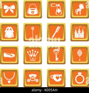 Doll princess items icons set orange Stock Vector