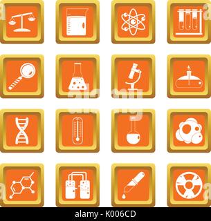 Chemical laboratory icons set orange Stock Vector
