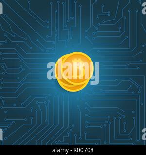 Coin bitcoin on the motherboard. Vector illustration . Stock Vector