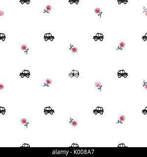 London cartoon cab cars and flowers seamless pattern. Stock Vector