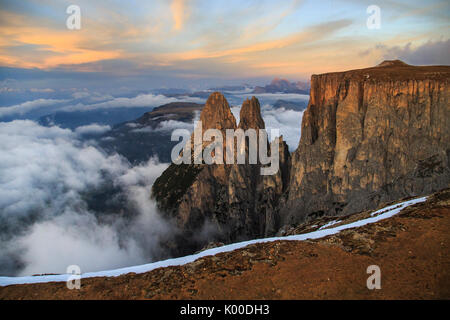 Aerial view of Santner peak at sunset Sciliar Natural Park Plateau of ...