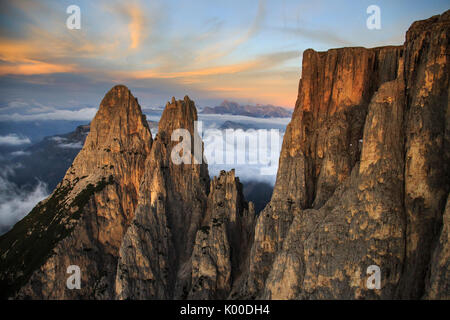 Aerial view of Santner peak at sunset Sciliar Natural Park Plateau of ...