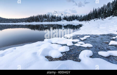 Woods and snowy peaks are reflected in Palù Lake at dusk Malenco Valley Valtellina Lombardy Italy Europe Stock Photo