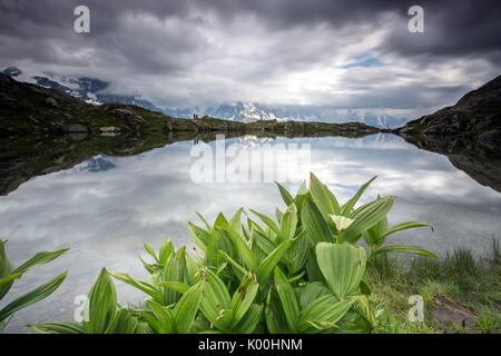 Clouds reflected in Lac de Cheserys  Chamonix Haute Savoie France Europe Stock Photo