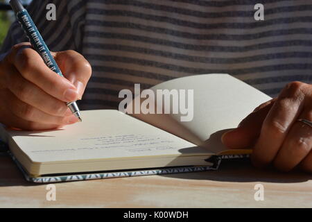 PhD student writing up list of PhD aims in a journal Stock Photo