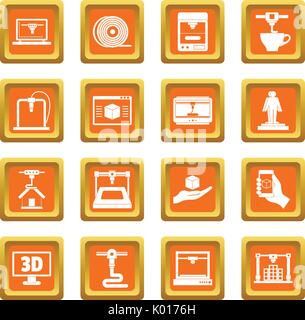 3D Printing icons set orange Stock Vector