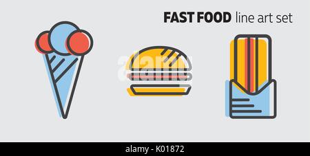Fast food design concept, flat style banner with thick line art. Street food icons on grey background. Ice cream, burger and hot dog. Vector illustration. Stock Vector