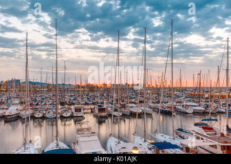 Marina Port Vell at sunrise, Barcelona, Spain Stock Photo