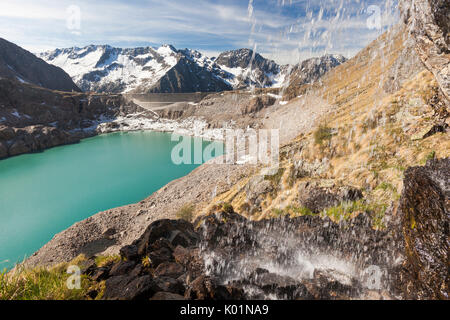 View of Lake Baitone and the high peaks in background Val Malga Adamello Regional Park province of Brescia Lombardy Italy Europe Stock Photo