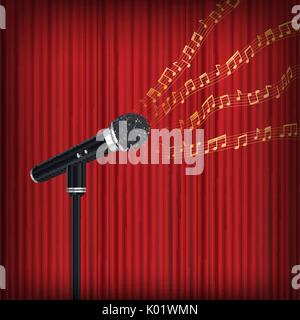microphone with floating music note on stage Stock Vector