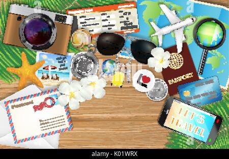 tropical travel object set on wood background Stock Vector