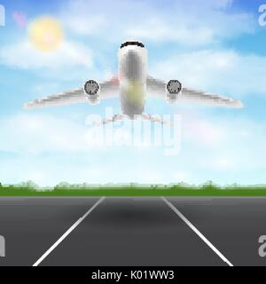 white airplane flying in sky over airport runway Stock Vector