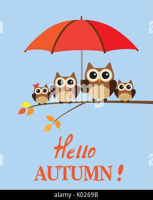 vector illustration of a cute autumn owl family under umbrella Stock Vector