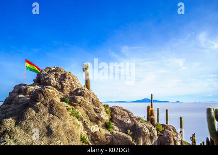 View on bolivian flag on a rock of island incahuasi by Uyuni salt lake in Bolivia Stock Photo