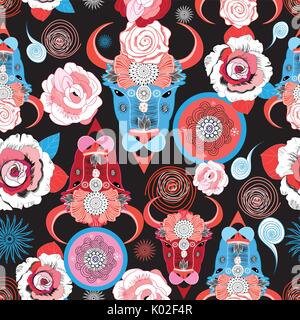 Beautiful vector pattern of portraits of bulls on a dark background with roses Stock Vector