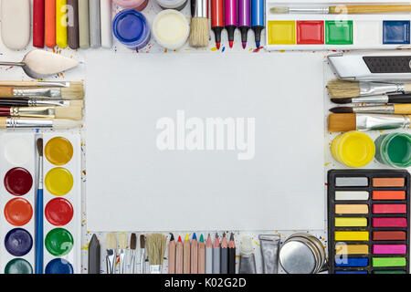 various tools for painting. accessories for drawing. frame composition with copy space. Stock Photo