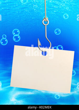 The underwater scene with empty sheet of a paper, hanging on a fishing hook and blue water with bubbles. 3d render Stock Photo