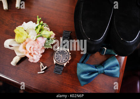 Stylish Watch Expensive Shoes Bow Tie Cufflinks And Belt For Groom