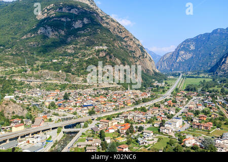 Forte di Bard, Valle d'Aosta, Italy - Agoust 18, 2017: Aerial view of the Italian highway, Alps, Dora Baltea river, Hone, Arnad countries Stock Photo