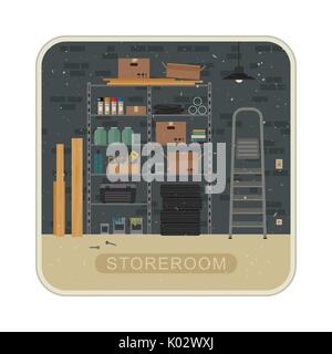 Storeroom interior with brickwall. Stock Vector