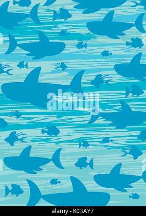 Cartoon Tropical Fish and Sharks  in Silhouette Patterned Vector Illustration Stock Vector