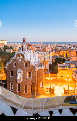 Barcelona, Catalonia, Spain, Southern Europe. Antonie Gaudi's architecture in Park Guell at dusk. Stock Photo