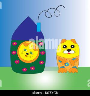 Cute cat in the house and another cat outside the house isolated gradient background. Stock Vector
