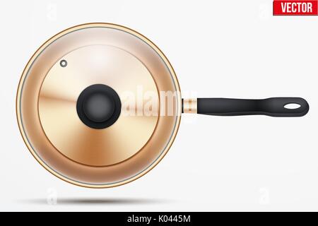 Classic brass fry pan with glass lid and handle. Top view and round shape. Kitchen and domestic symbol. Vector Illustration isolated on background. Stock Vector
