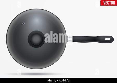 Classic Metal black non-stick frying pan with glass lid and handle. Top view and round shape. Kitchen and domestic symbol. Vector Illustration isolate Stock Vector