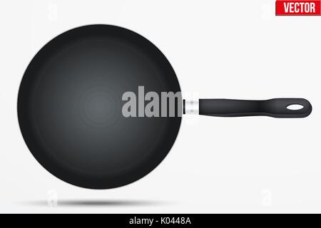 Classic Metal black non-stick frying pan with handle. Top view and round shape. Kitchen and domestic symbol. Vector Illustration isolated on backgroun Stock Vector