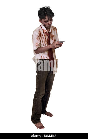 Portrait of asian zombie man using a smartphone isolated over white background Stock Photo